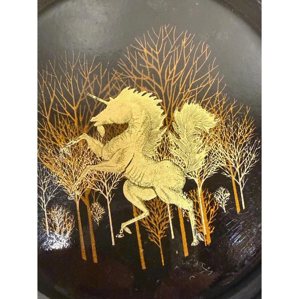 Vintage Otagiri Japan Black Gold Lacquer Unicorn Coaster Set with Lidded Box